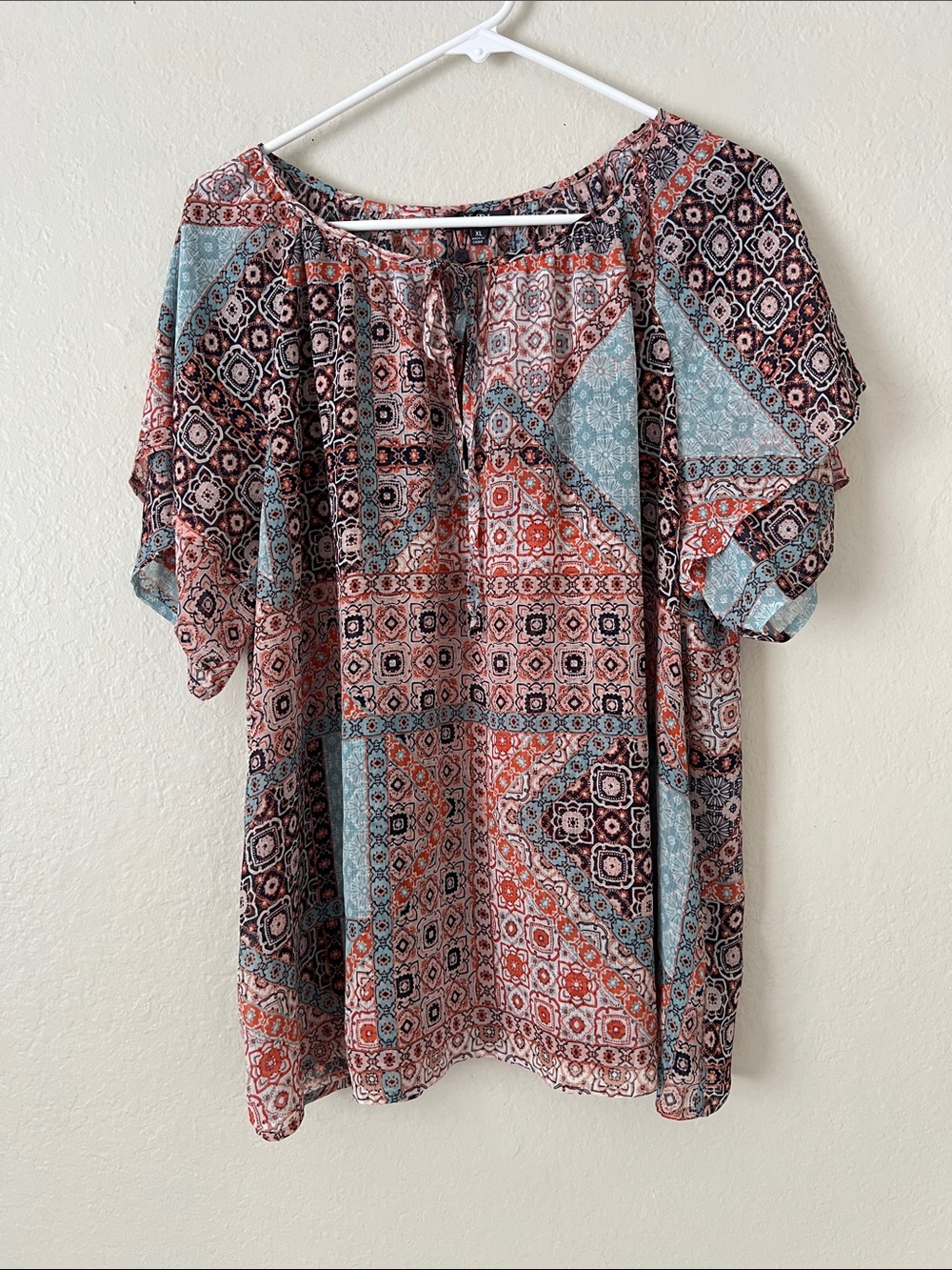NWOT NYDJ Boho Patchwork Print Peasant Blouse - Rust & Teal XL
